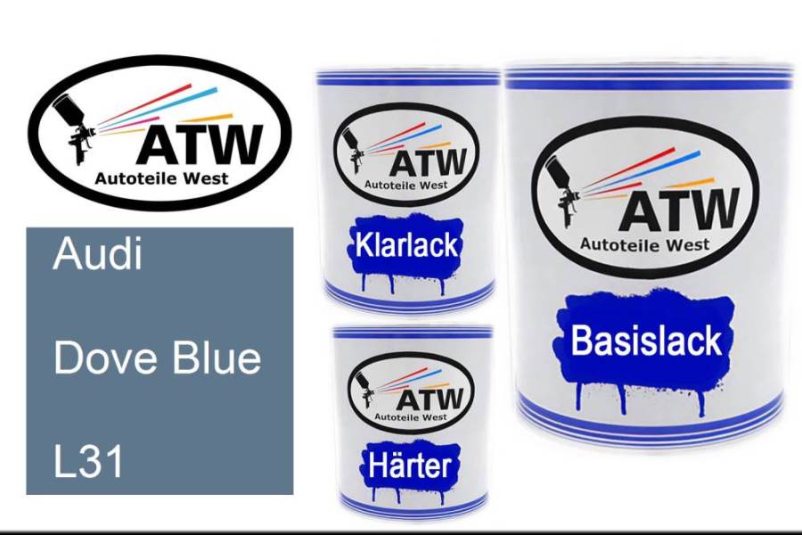 Audi, Dove Blue, L31: 1L Lackdose + 1L Klarlack + 500ml Härter - Set, von ATW Autoteile West.